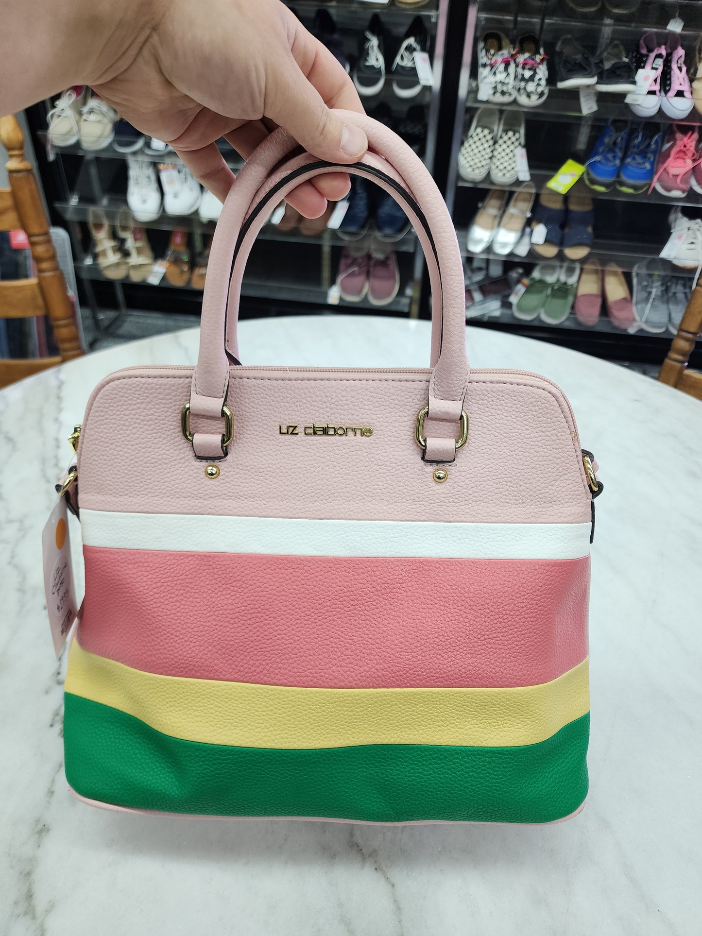 Liz Claiborne Purse, Pink with yellow, white, green stripes