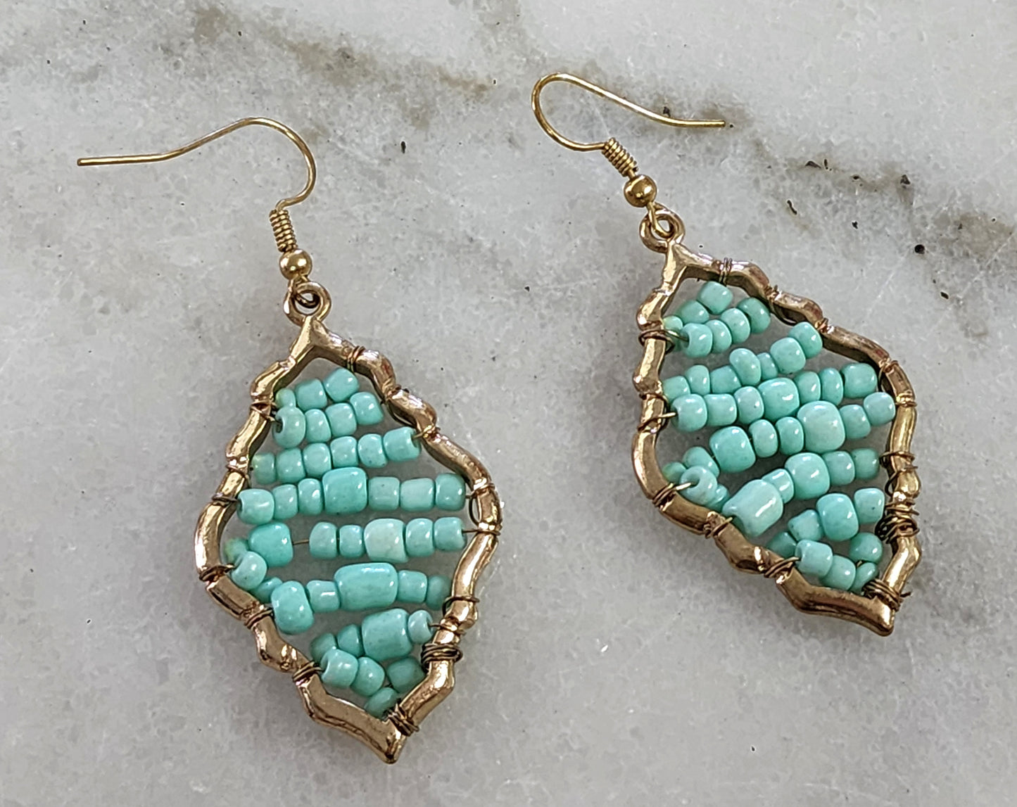 Beaded Dangle Earrings, Gold and Blue