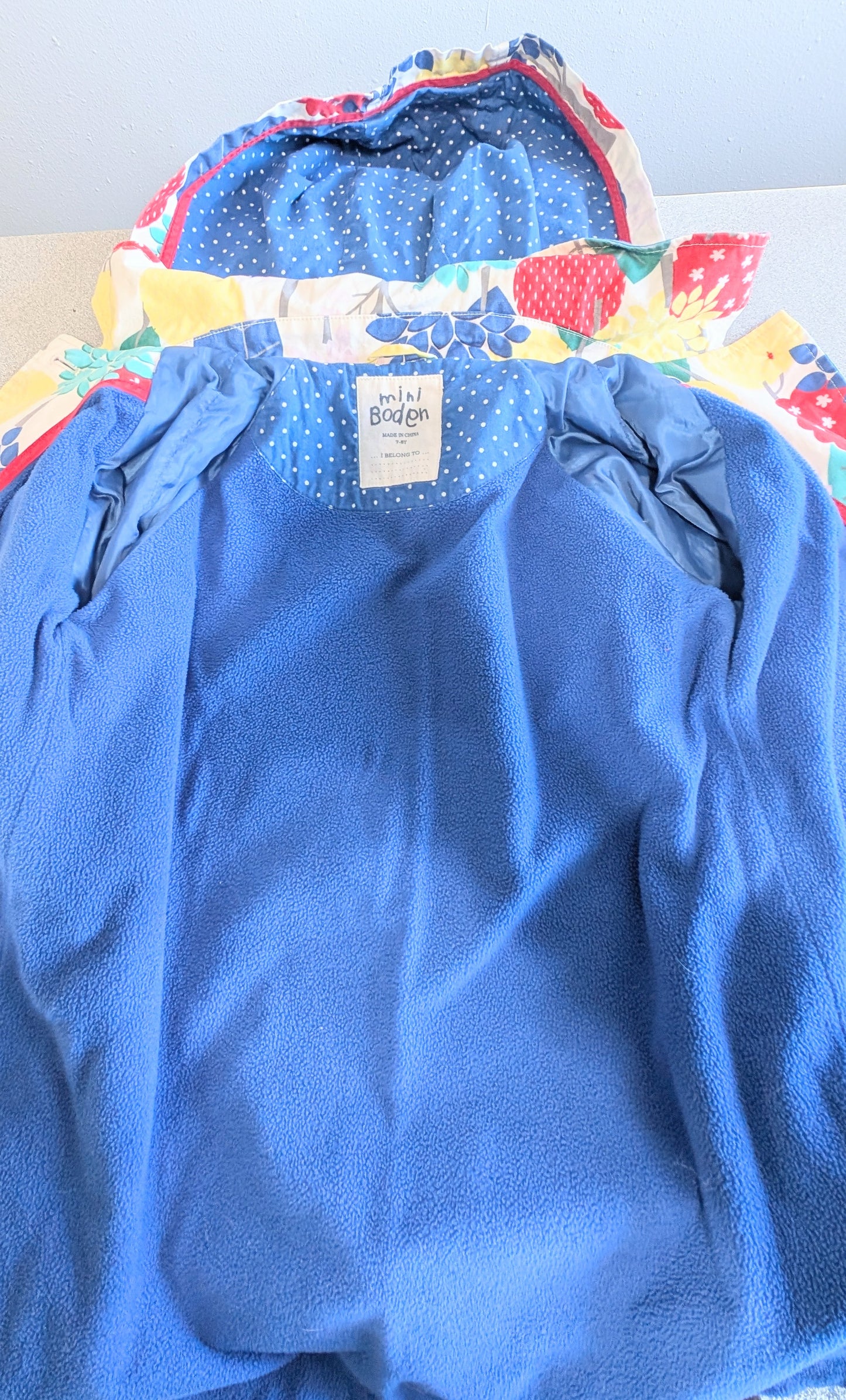 Mini Boden tree/floral trench style jacket, size 7-8