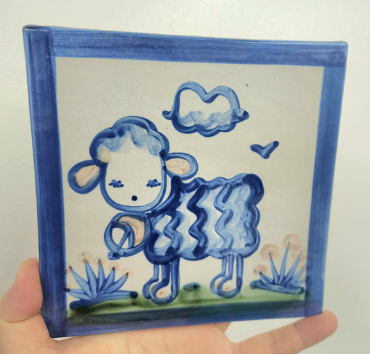 6" Tile, Country Scene Blue (Sheep) by M A Hadley