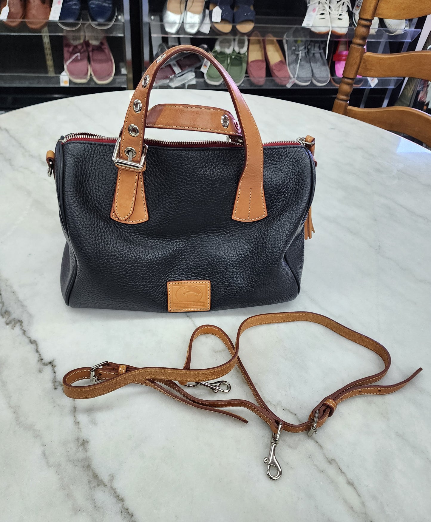 Dooney & Bourke Black Leather Handbag, Barrel Kendra, Like-New Condition