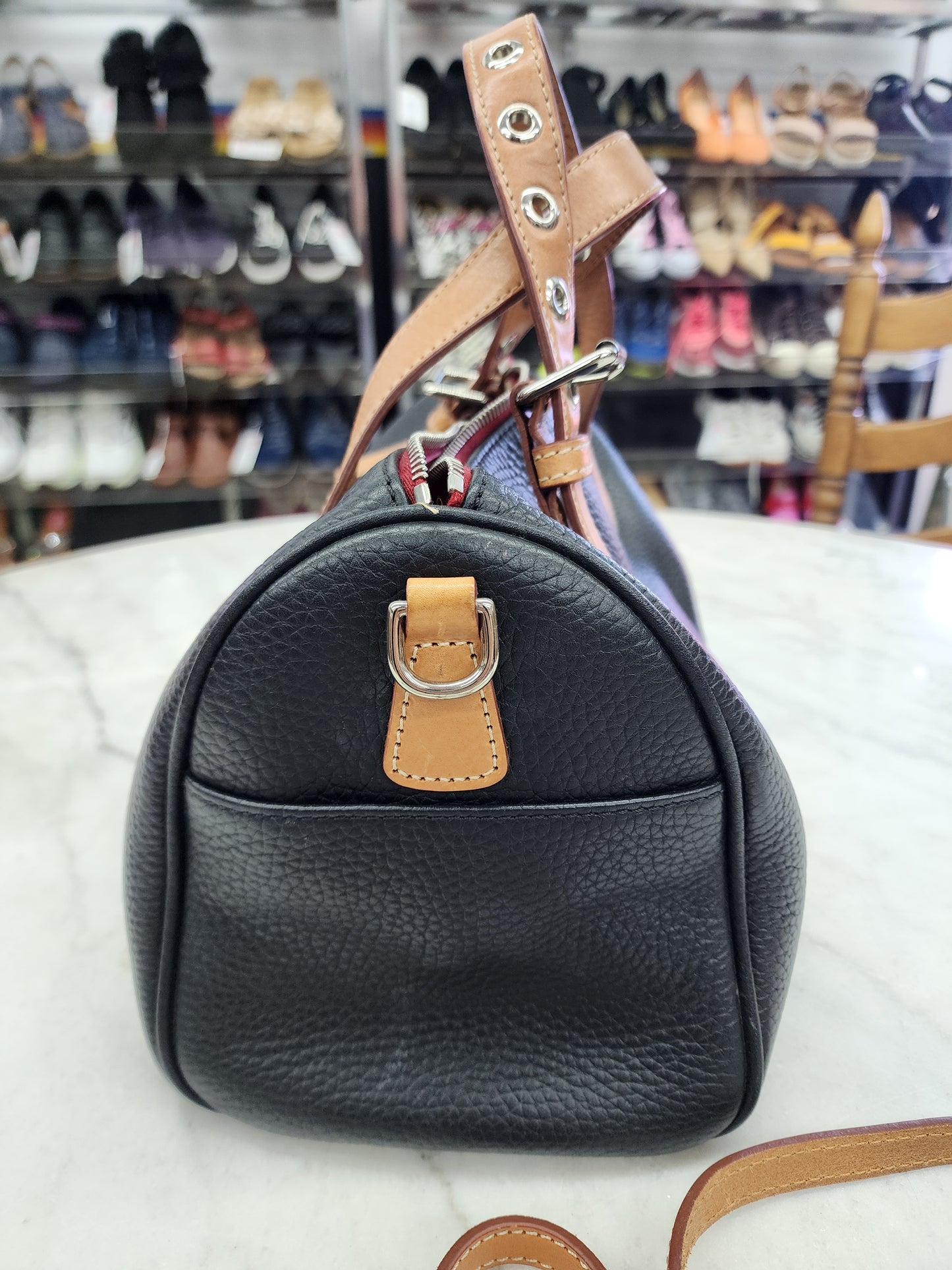 Dooney & Bourke Black Leather Handbag, Barrel Kendra, Like-New Condition