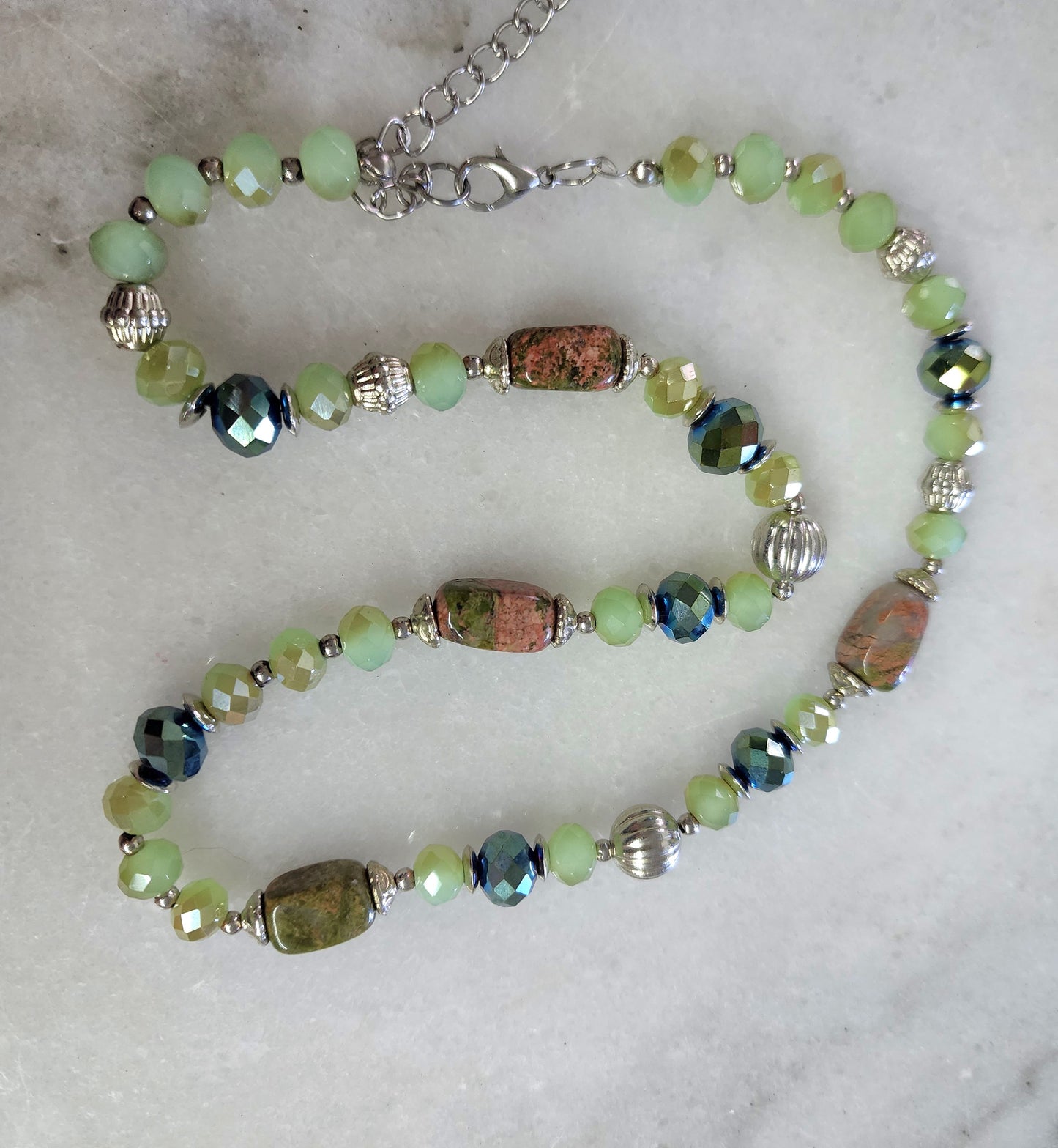 Green Faceted Glass, Stone, Metal Necklace