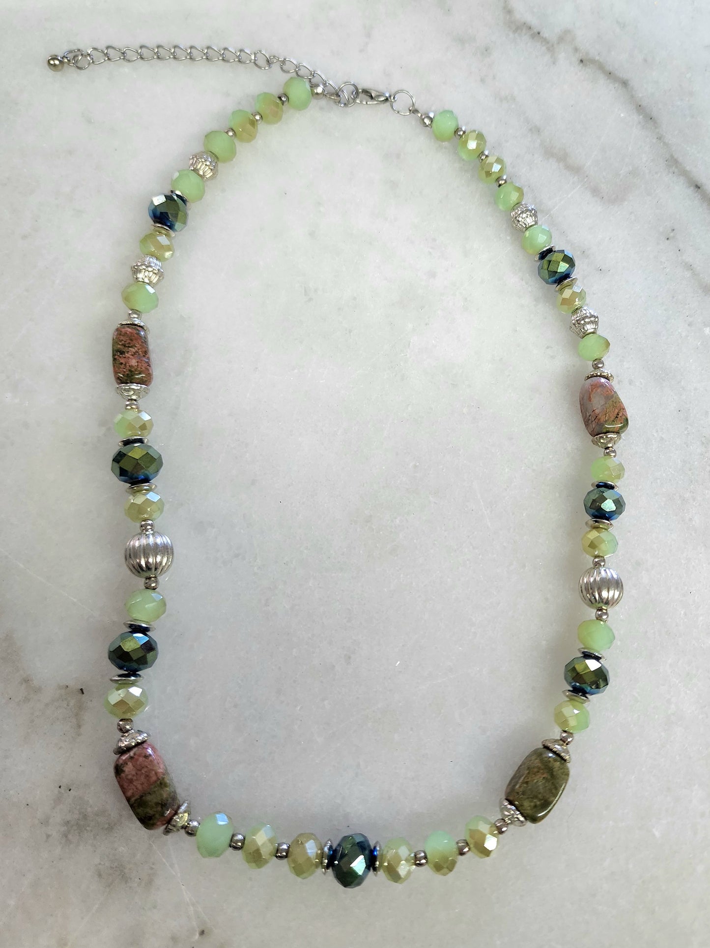Green Faceted Glass, Stone, Metal Necklace
