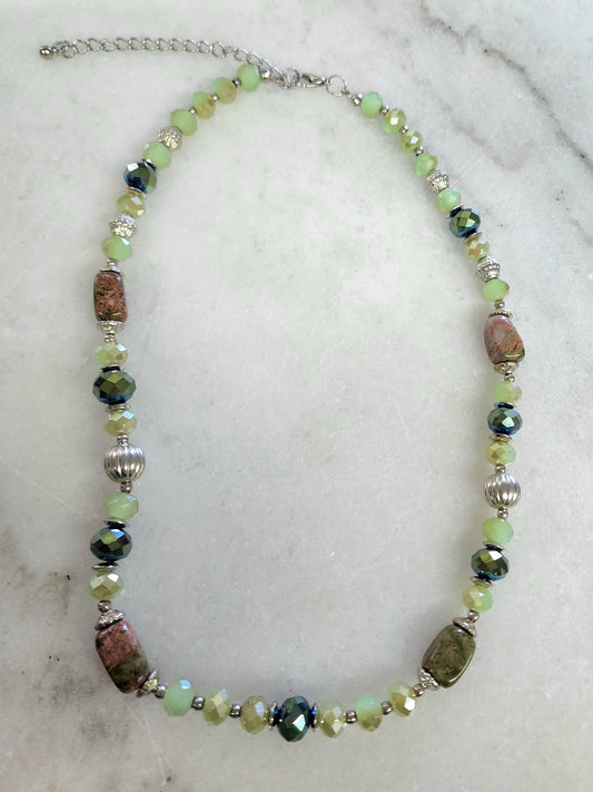 Green Faceted Glass, Stone, Metal Necklace