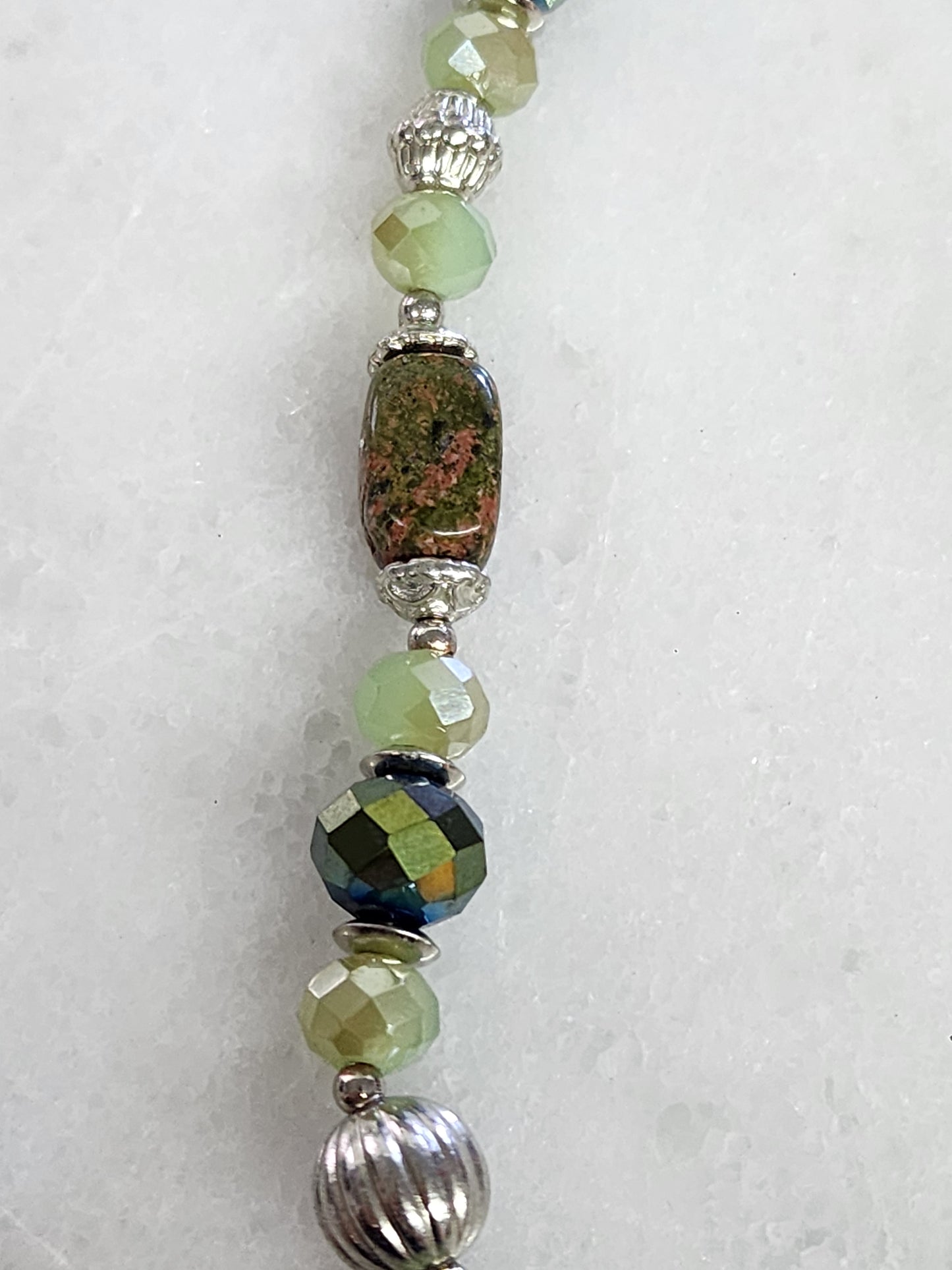 Green Faceted Glass, Stone, Metal Necklace