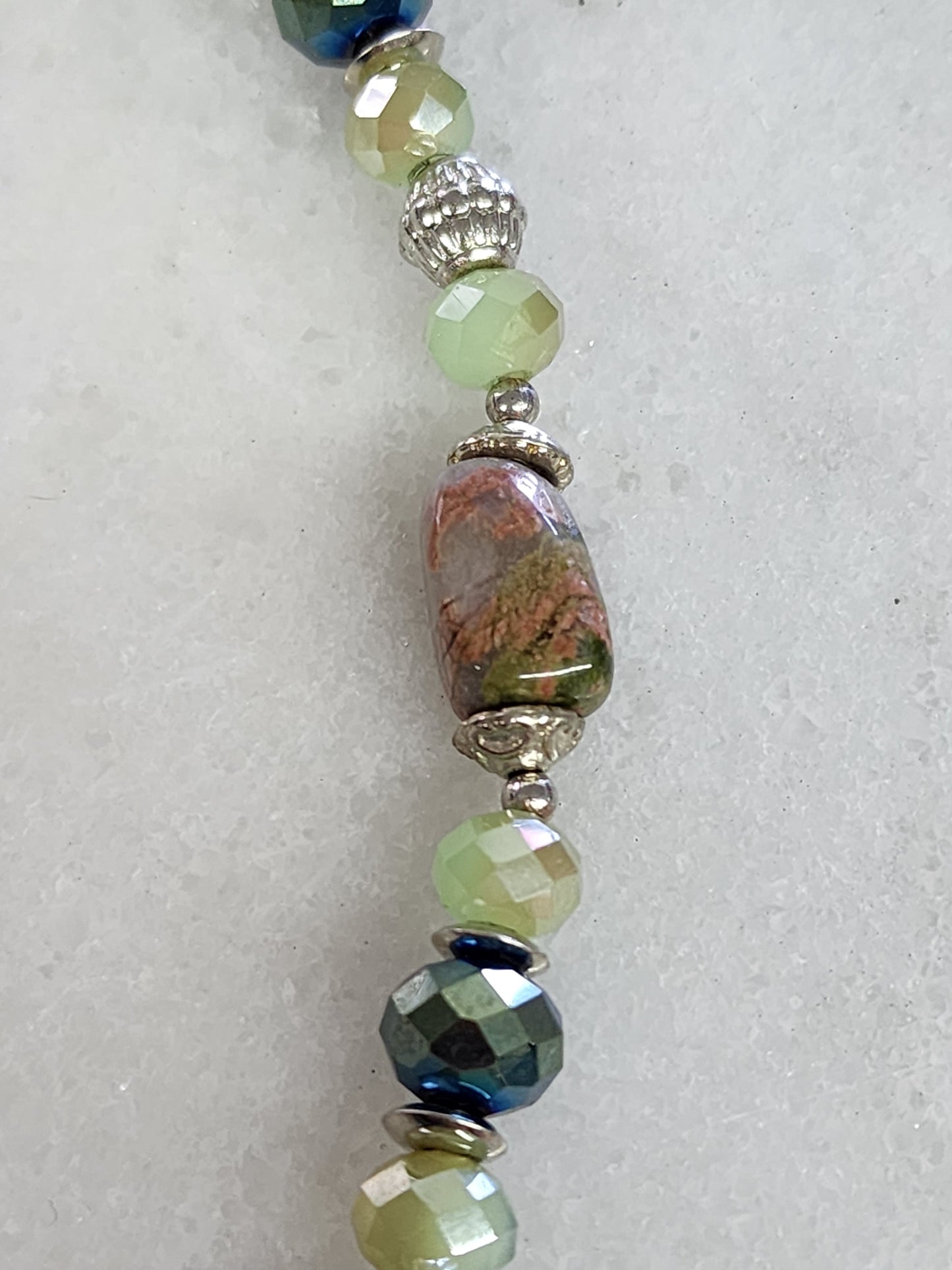 Green Faceted Glass, Stone, Metal Necklace