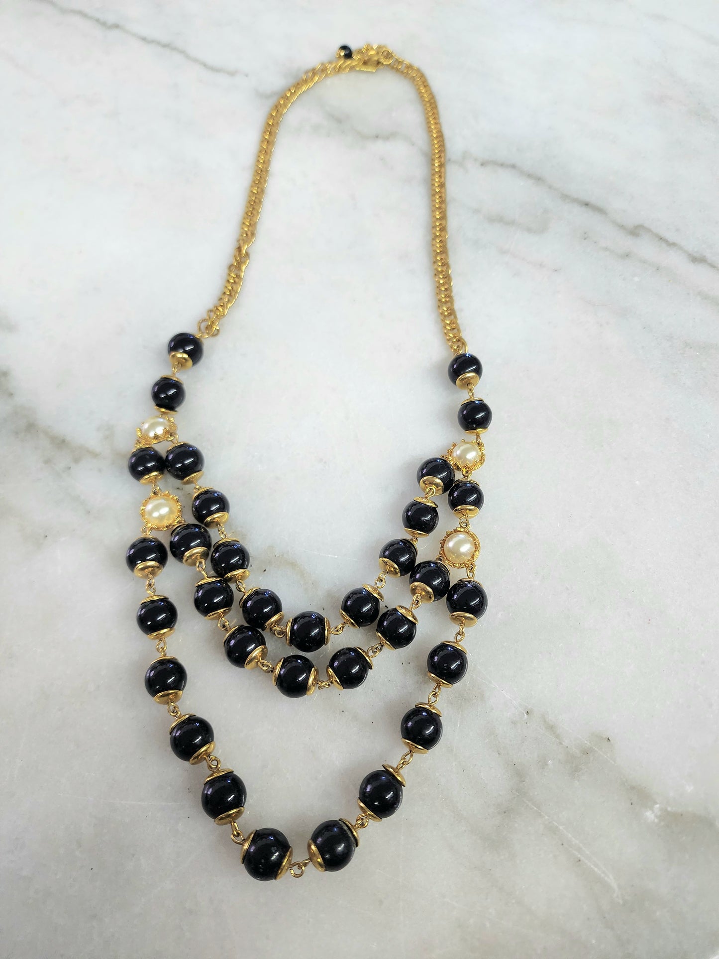 Liz Claiborne Multi-Strand Black and Pearl Gold Necklace