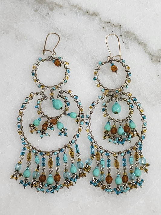 Double Hoop Beaded Dangle Earrings Teal & Bronze