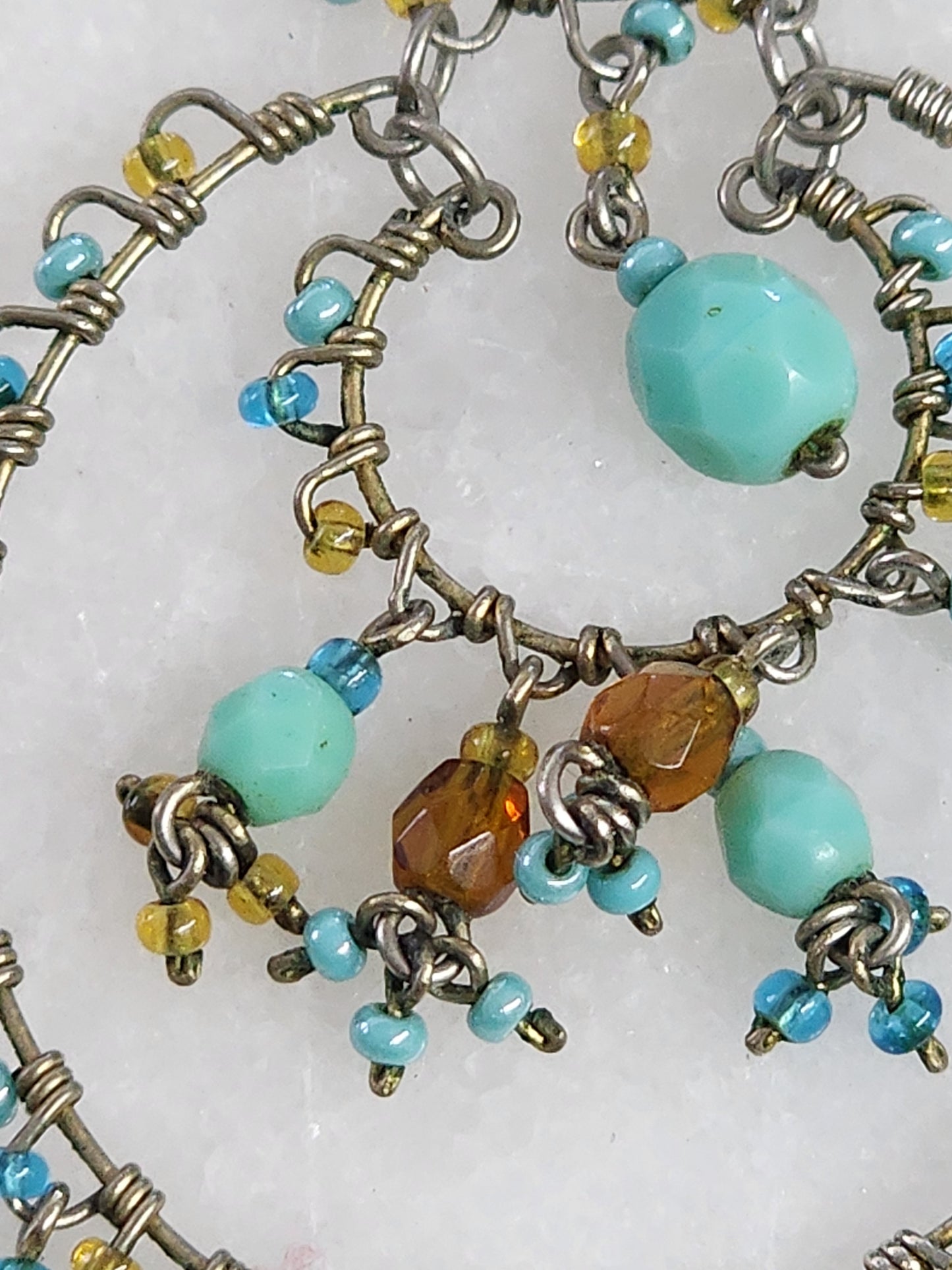 Double Hoop Beaded Dangle Earrings Teal & Bronze