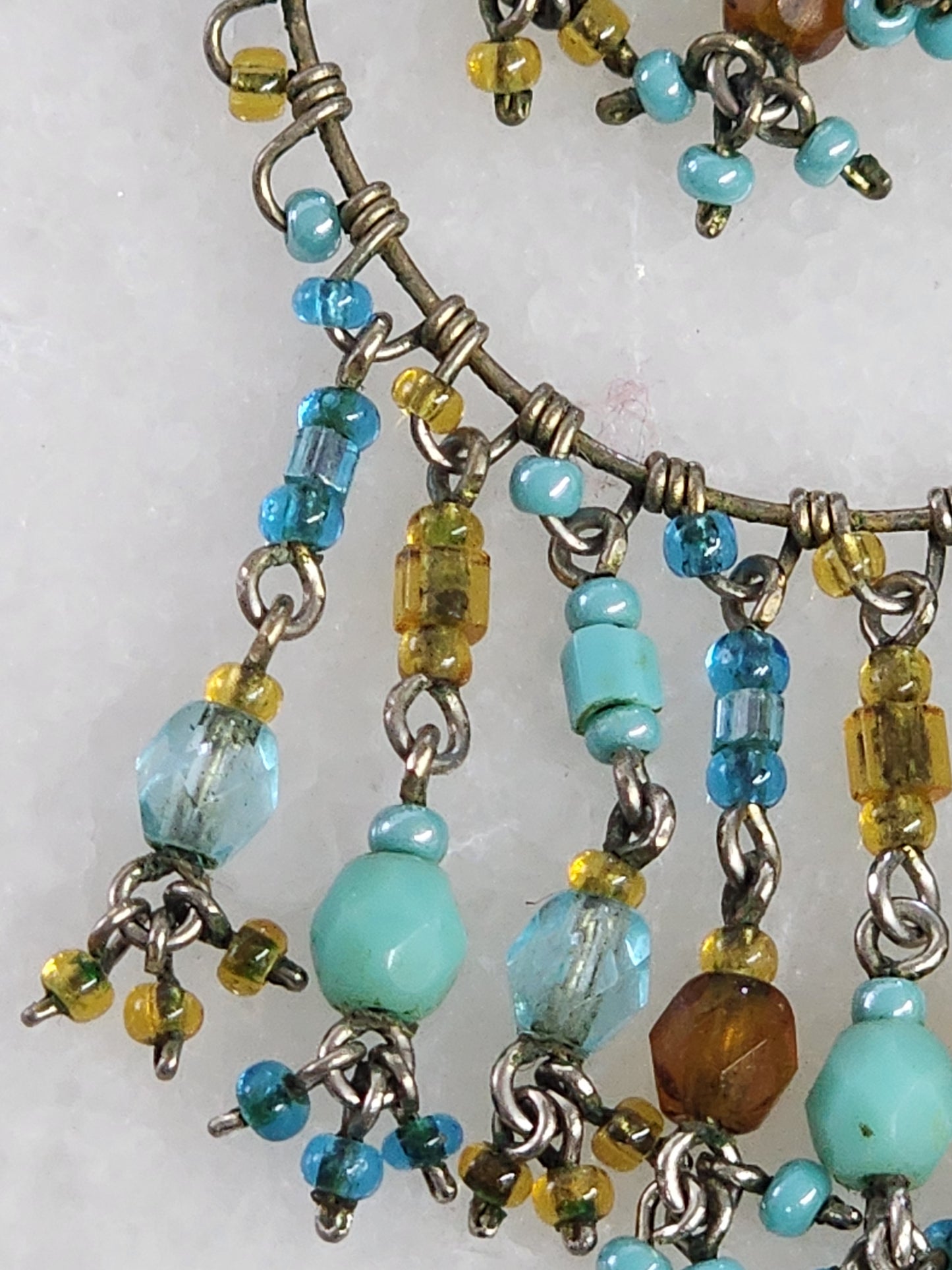 Double Hoop Beaded Dangle Earrings Teal & Bronze