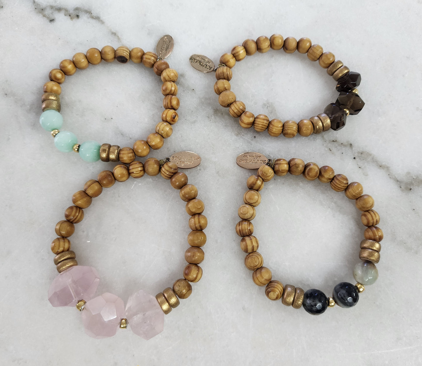Southern Sequins Set of 4 bracelets, wood and stone