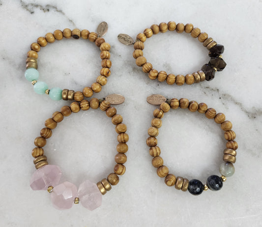 Southern Sequins Set of 4 bracelets, wood and stone