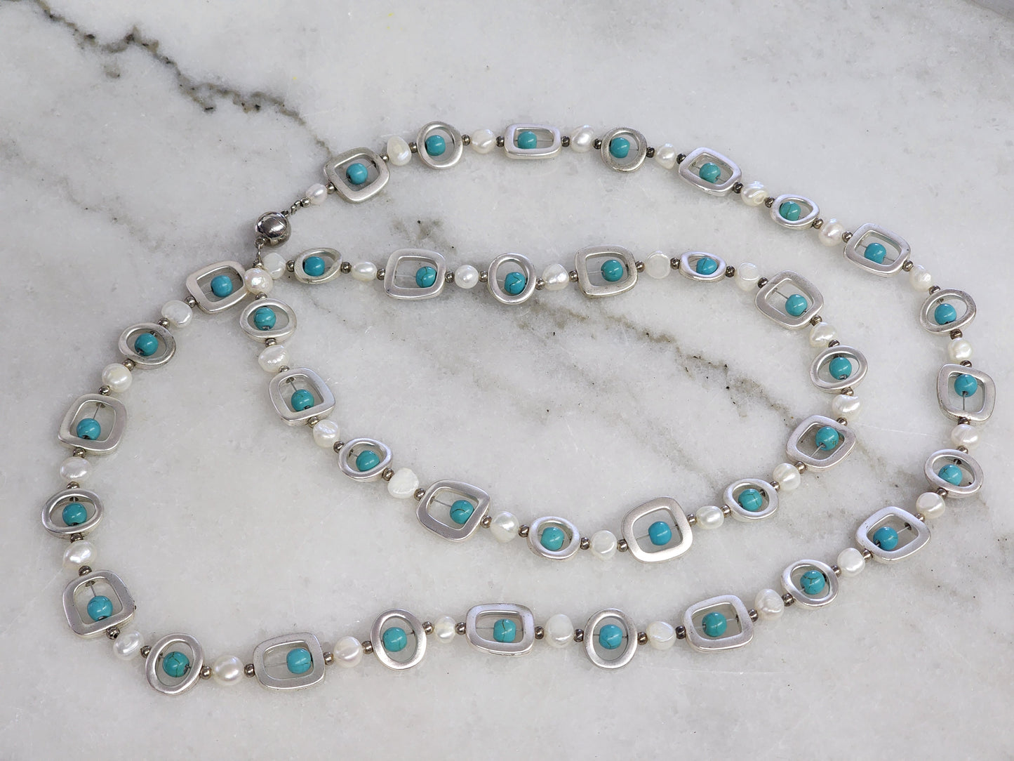 Brushed Silver Faux Turquoise Necklace