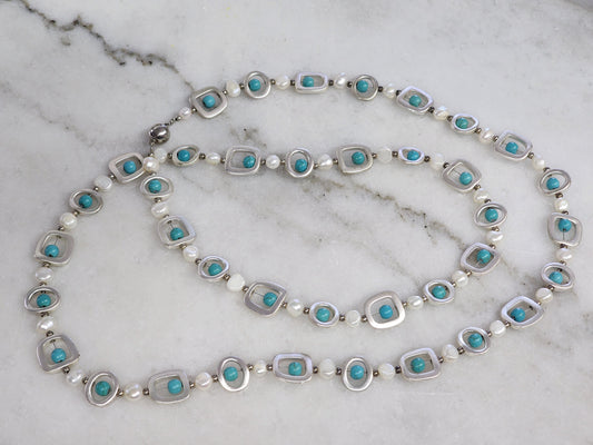 Brushed Silver Faux Turquoise Necklace