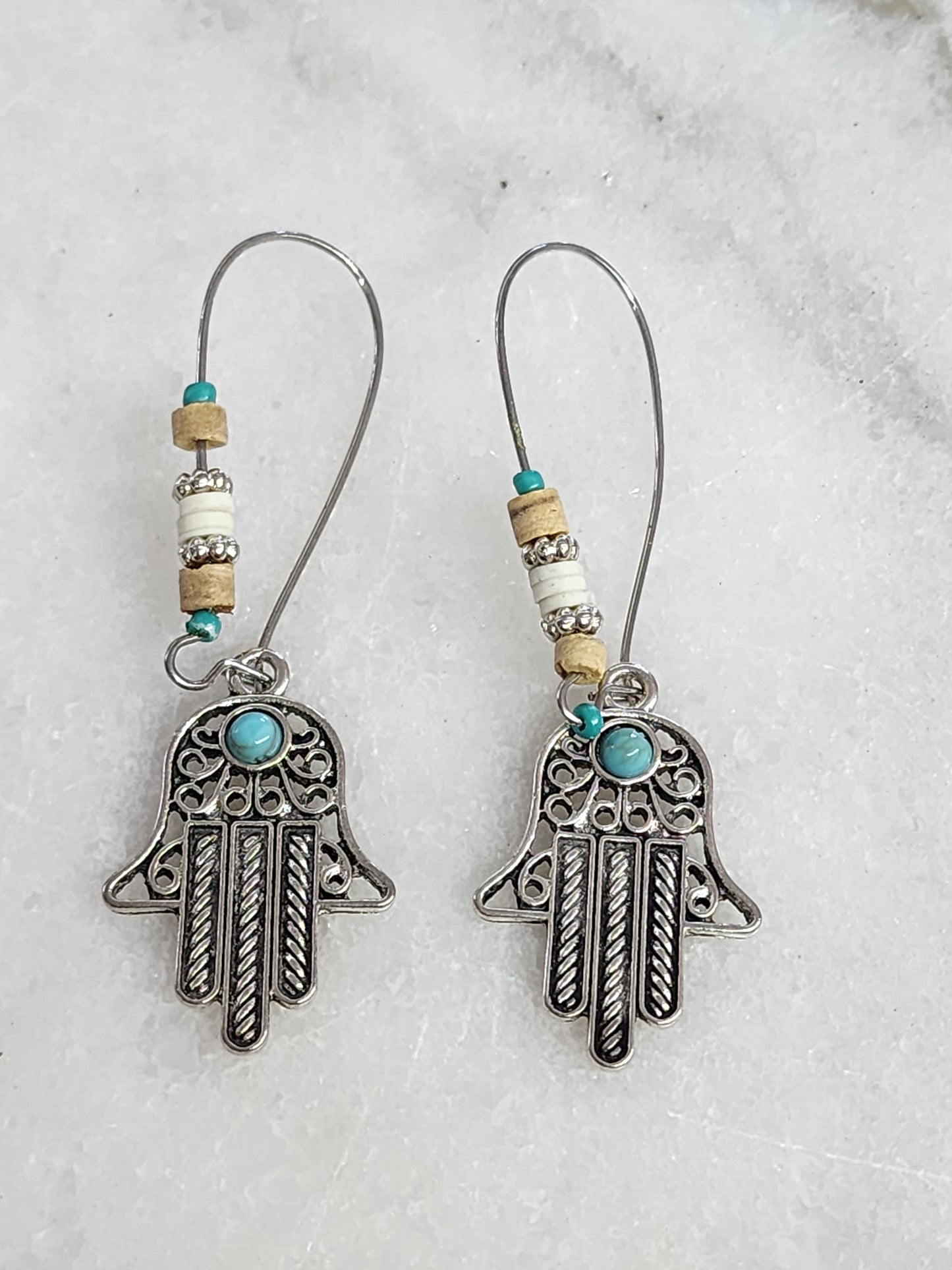 Silver Tone Hamsa Hands Dangle Drop Earrings