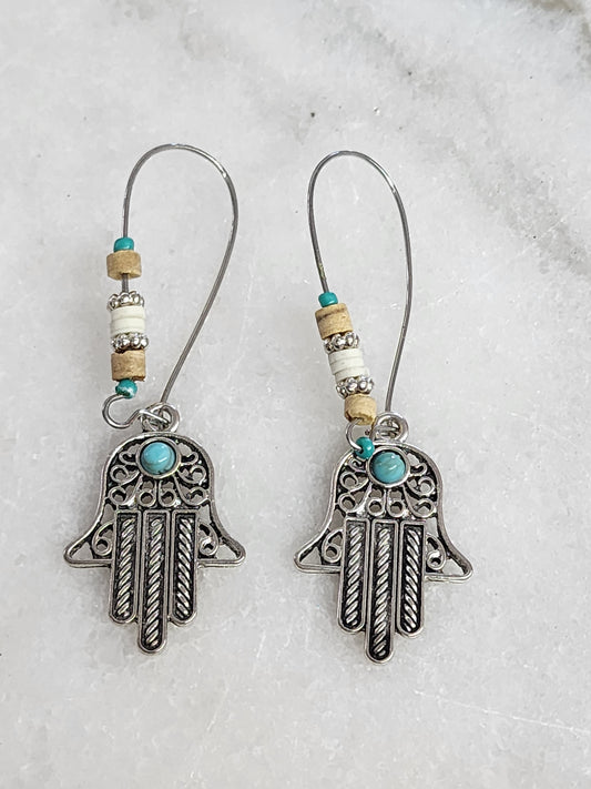 Silver Tone Hamsa Hands Dangle Drop Earrings