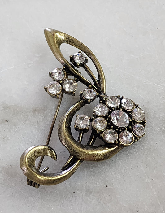 Vintage Brushed Gold & Rhinestone Treble Clef Brooch