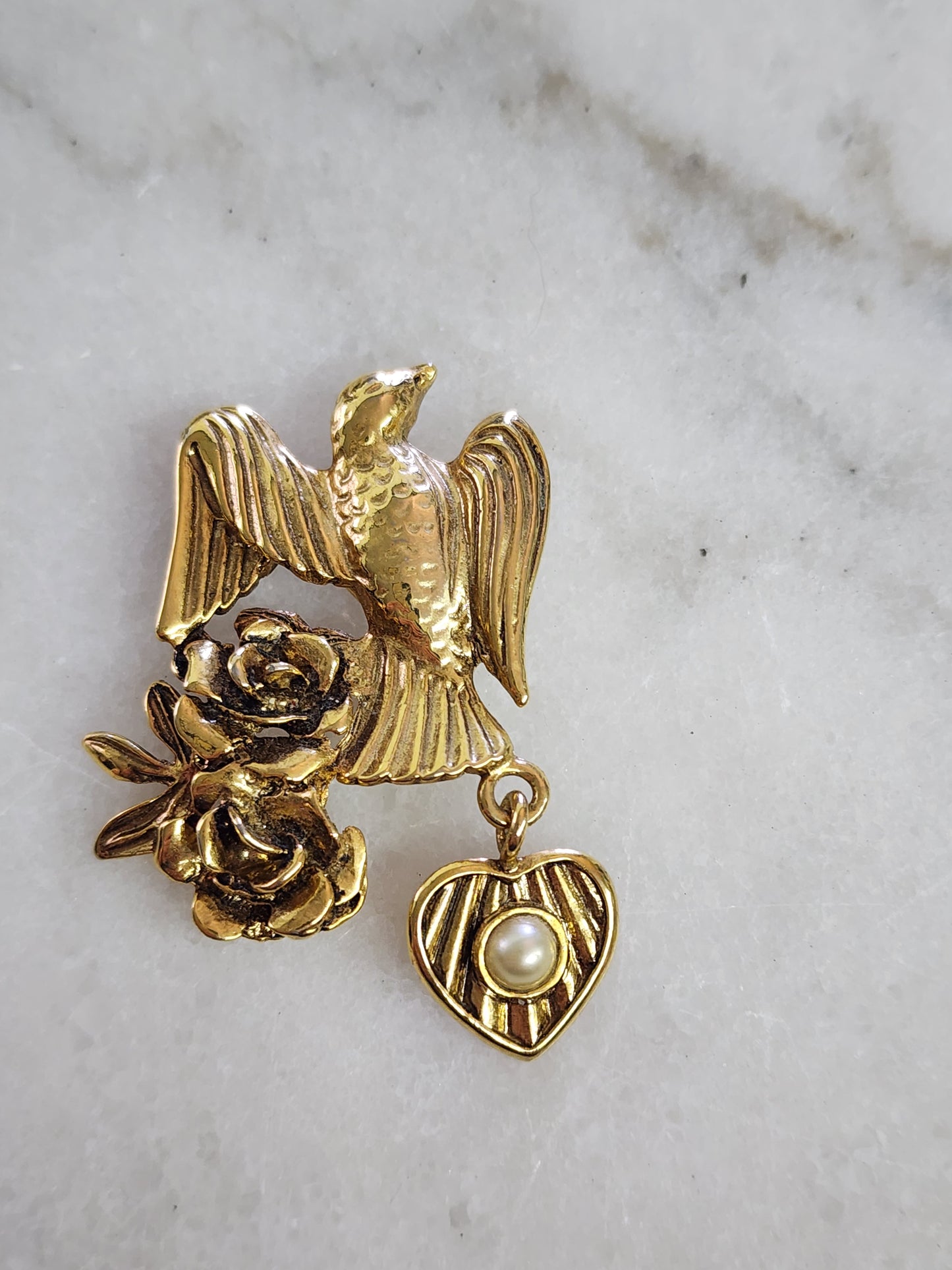 Vintage Bird with Heart Dangle Brooch