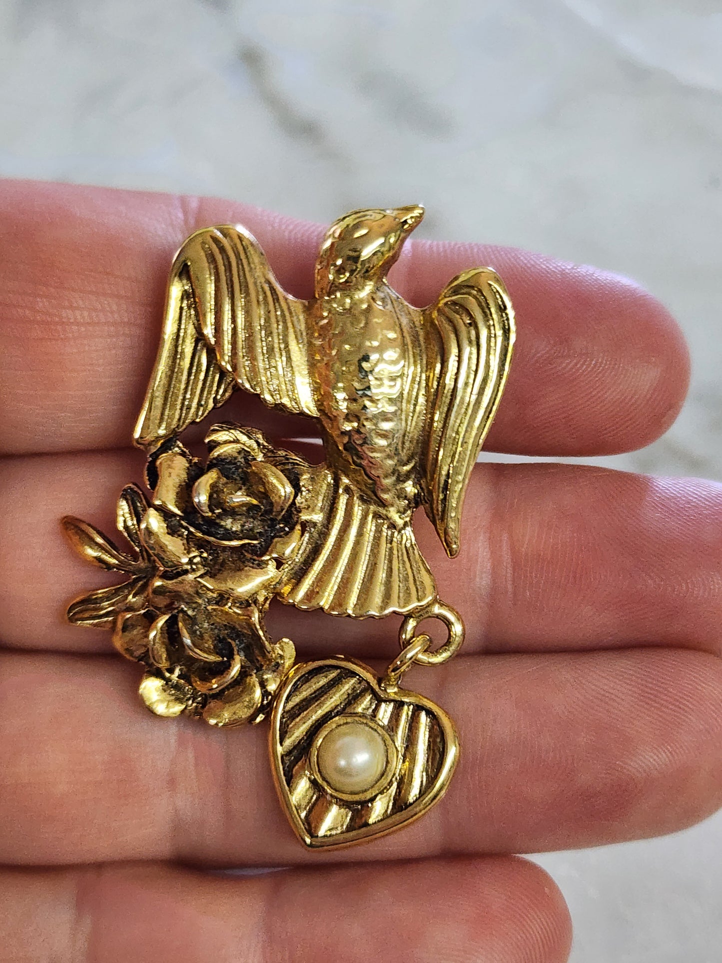 Vintage Bird with Heart Dangle Brooch