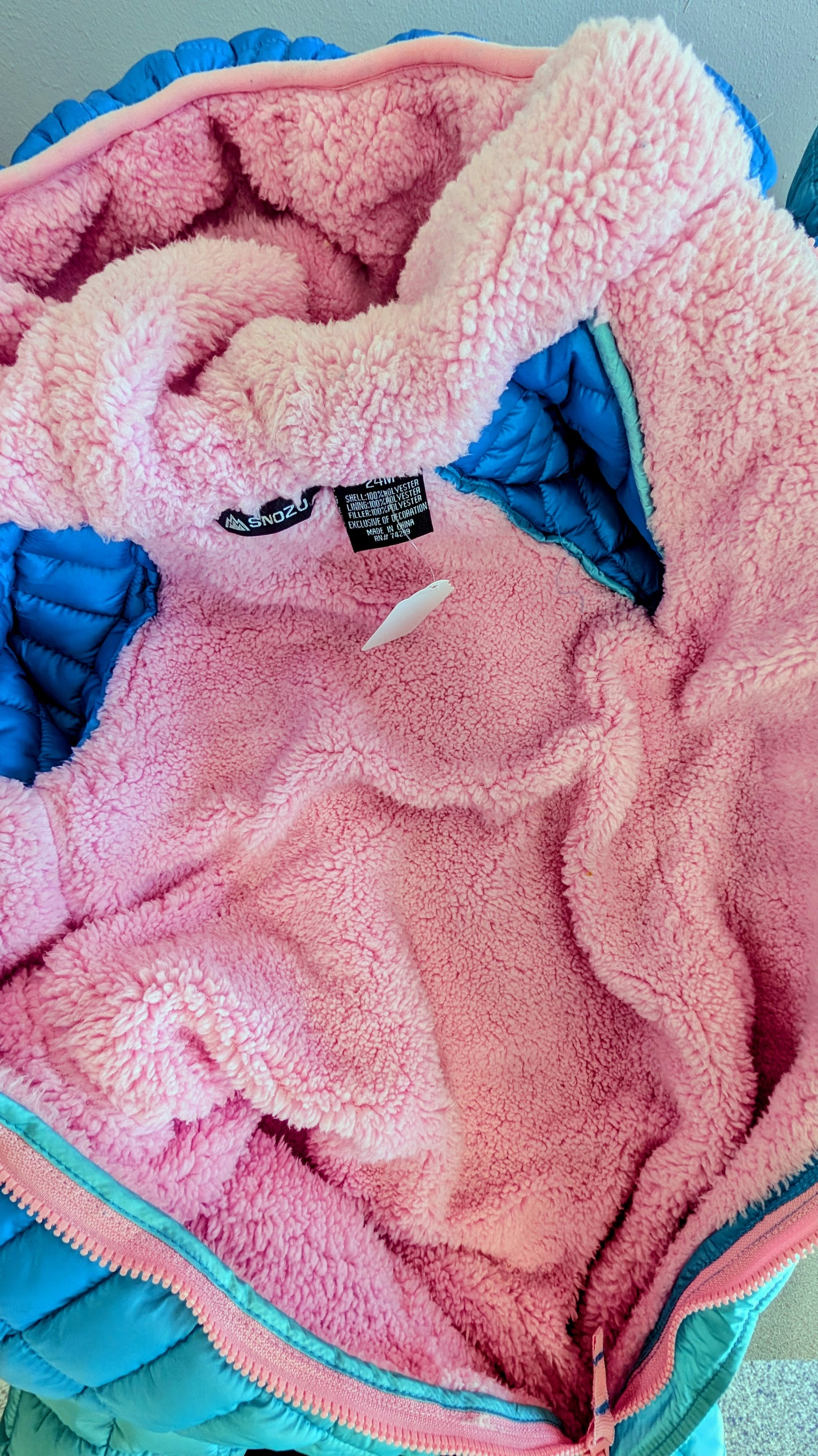 Snozu snow suit, blue/pink, size 24 mos