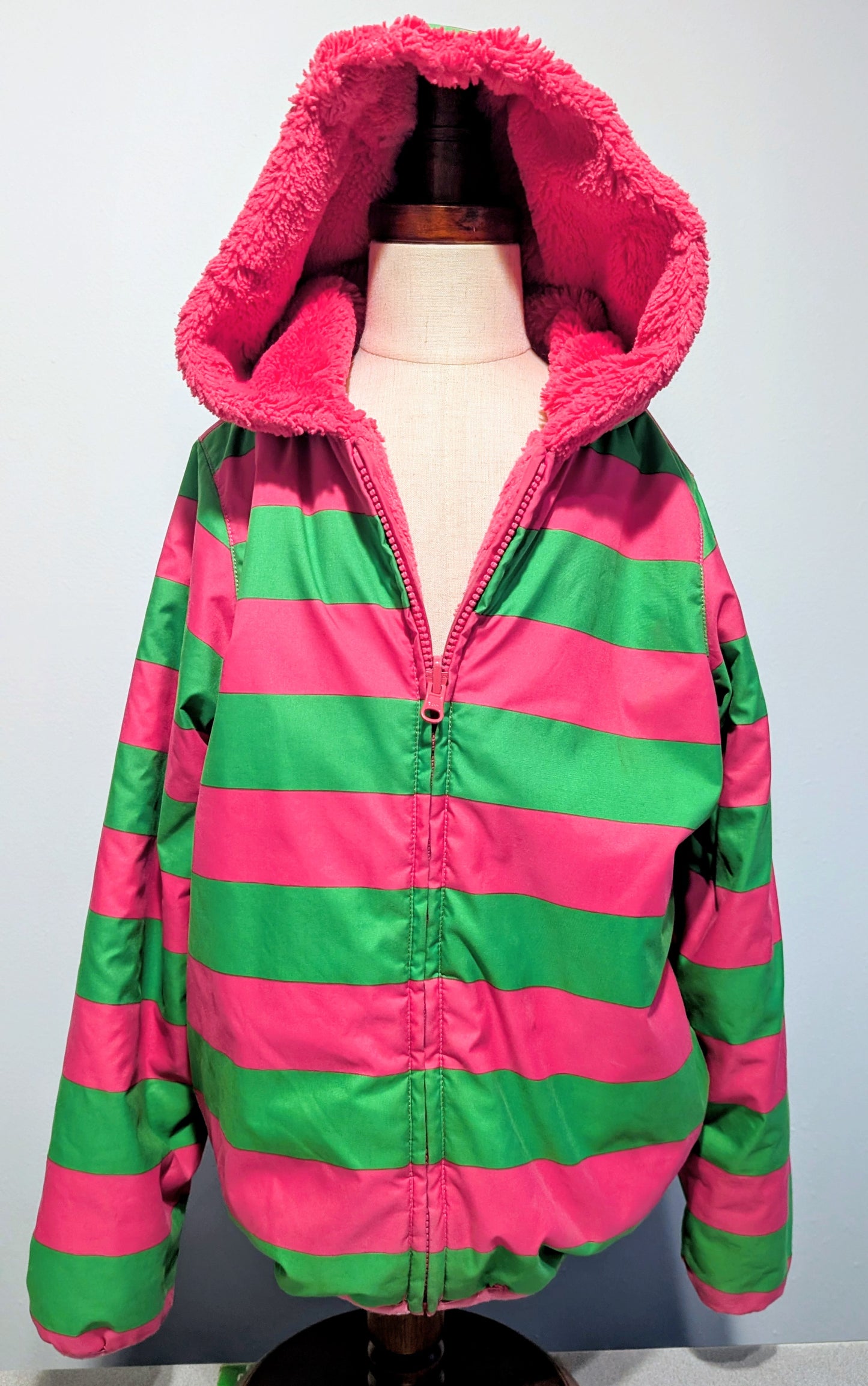 Hanna Andersson reversible jacket, pink and green stripes. Size 8 (130cm Euro)