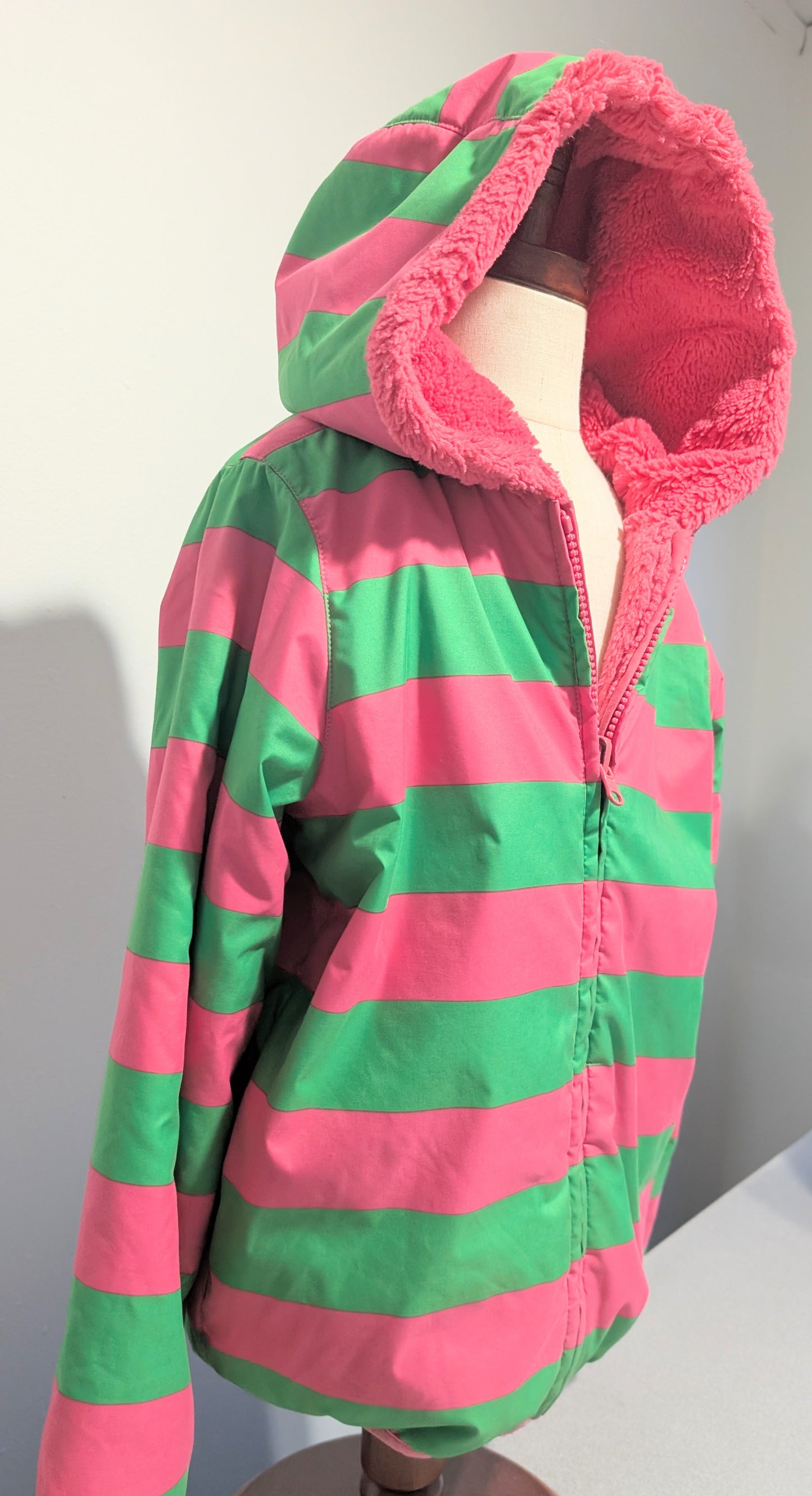 Hanna Andersson reversible jacket, pink and green stripes. Size 8 (130cm Euro)