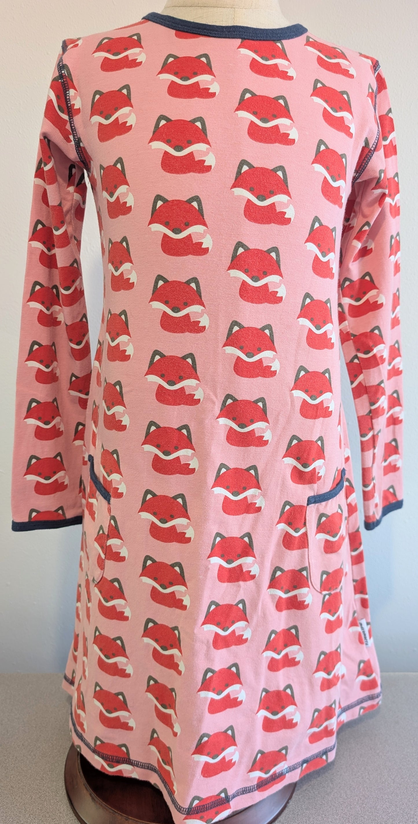 Maxomorra organic cotton long-sleeve dress, fox print, size 7-8