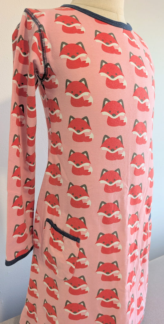 Maxomorra organic cotton long-sleeve dress, fox print, size 7-8