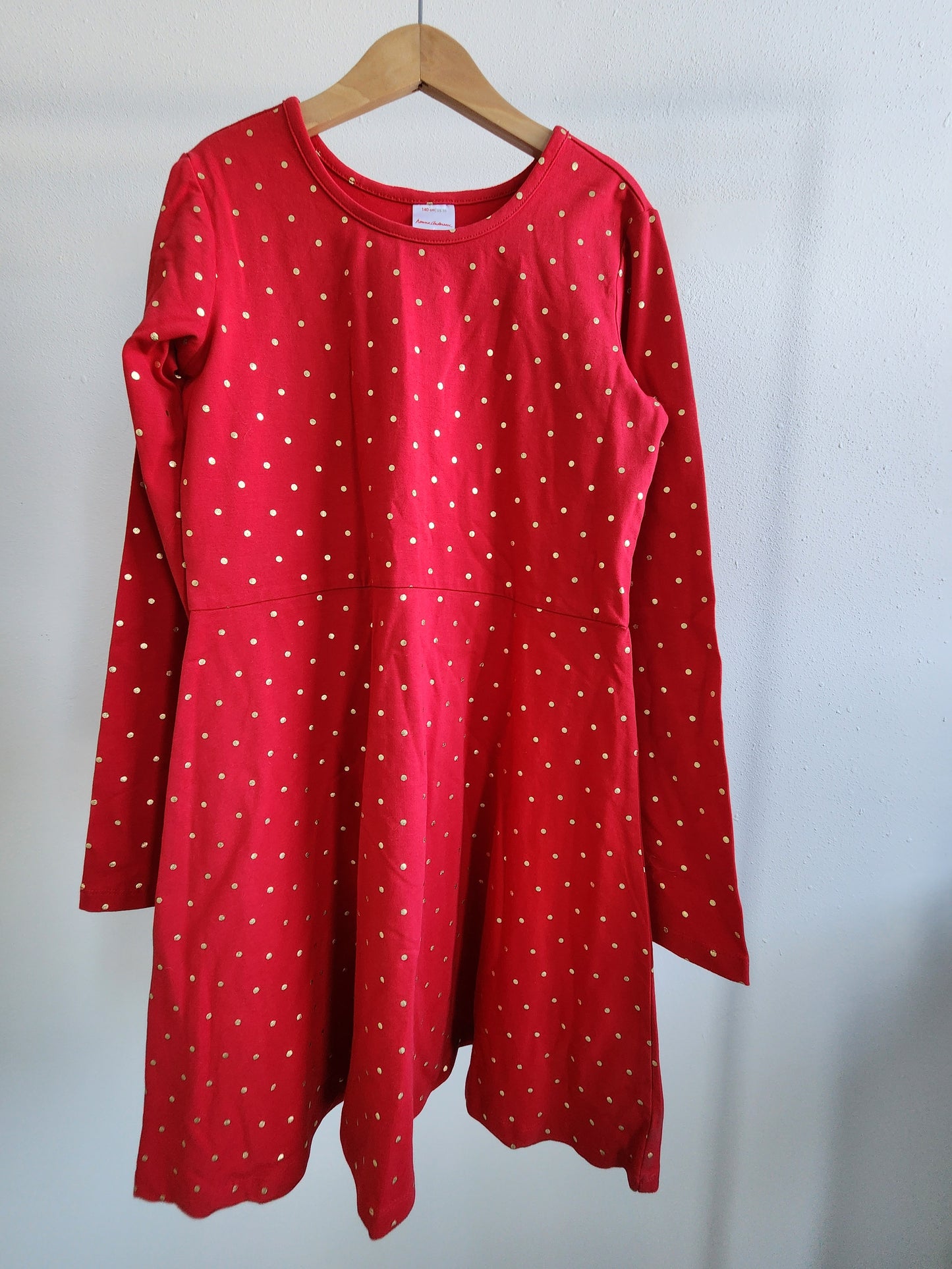 Hanna Andersson Red Dress with Gold Dots, Size 140 (kids), New With Tag
