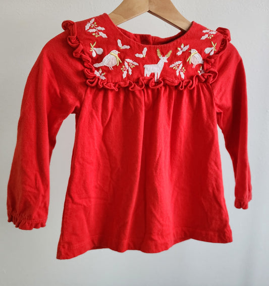 Mini Boden Red Shirt with White/Gold Winter Details, size 18-24mos