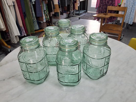 Large Green Glass Lidded Jars, Set of 6
