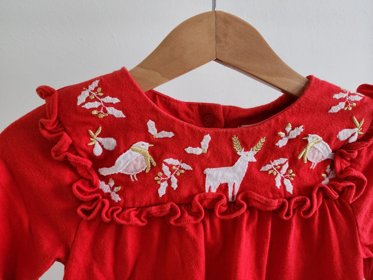 Mini Boden Red Shirt with White/Gold Winter Details, size 18-24mos